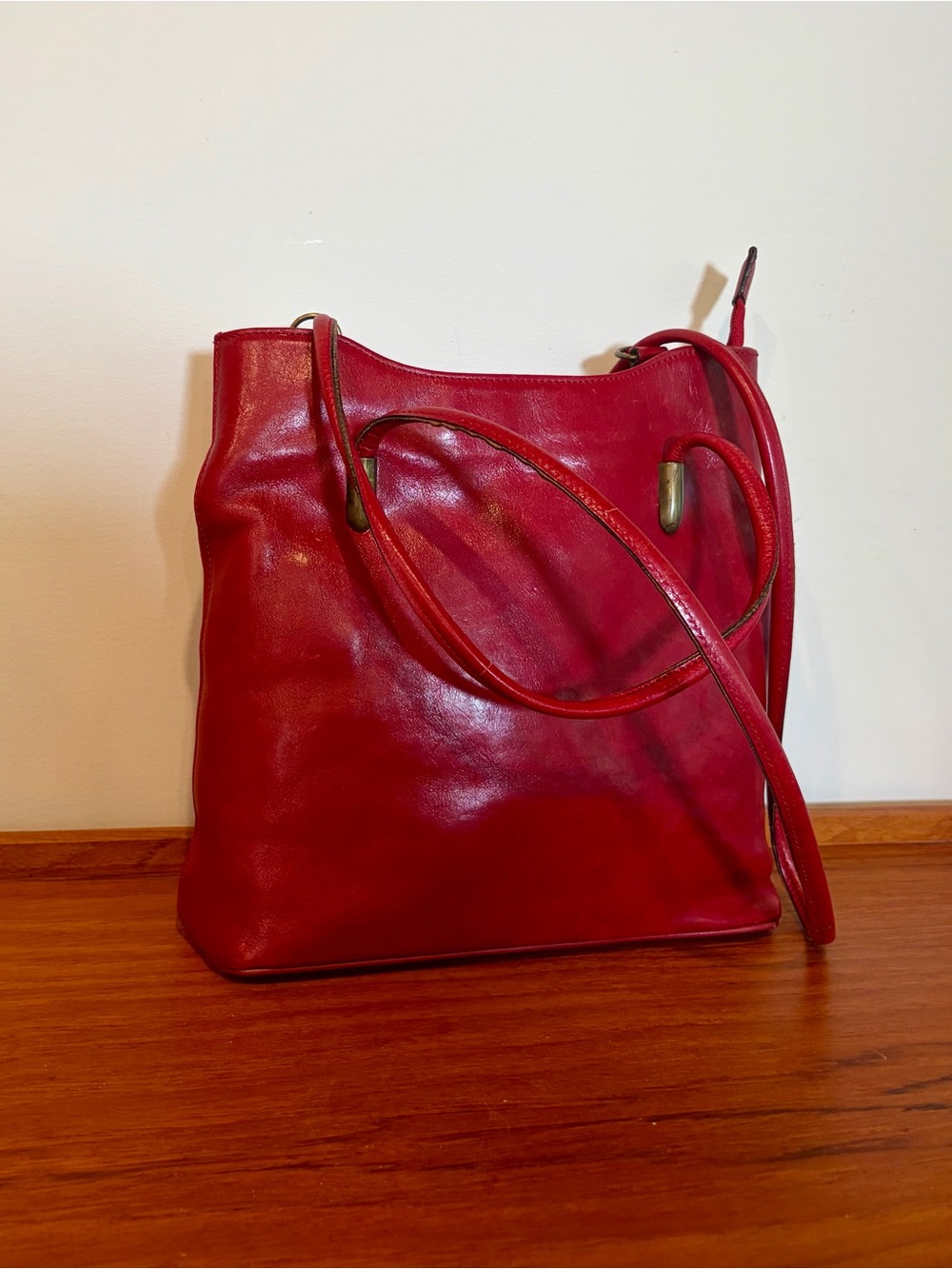 Red Leather Shoulder Bag - Classic Convertible Tote